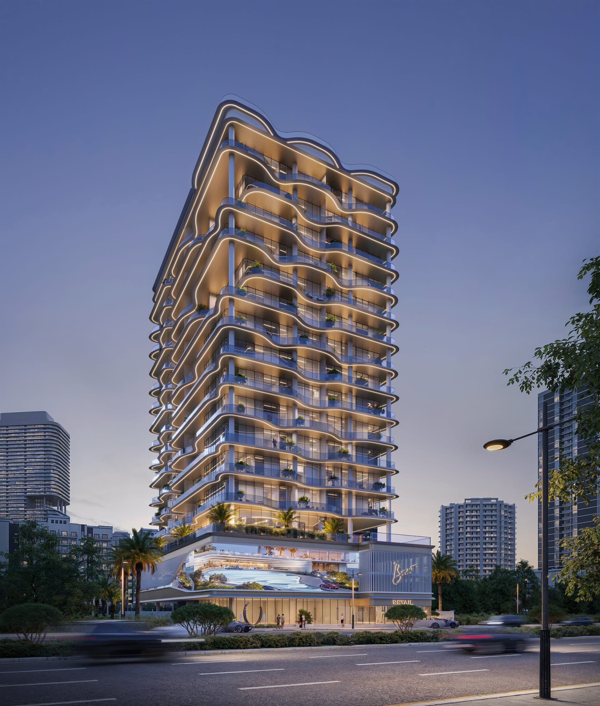 Orvessa Residences by Michel Adam — Exterior twilight